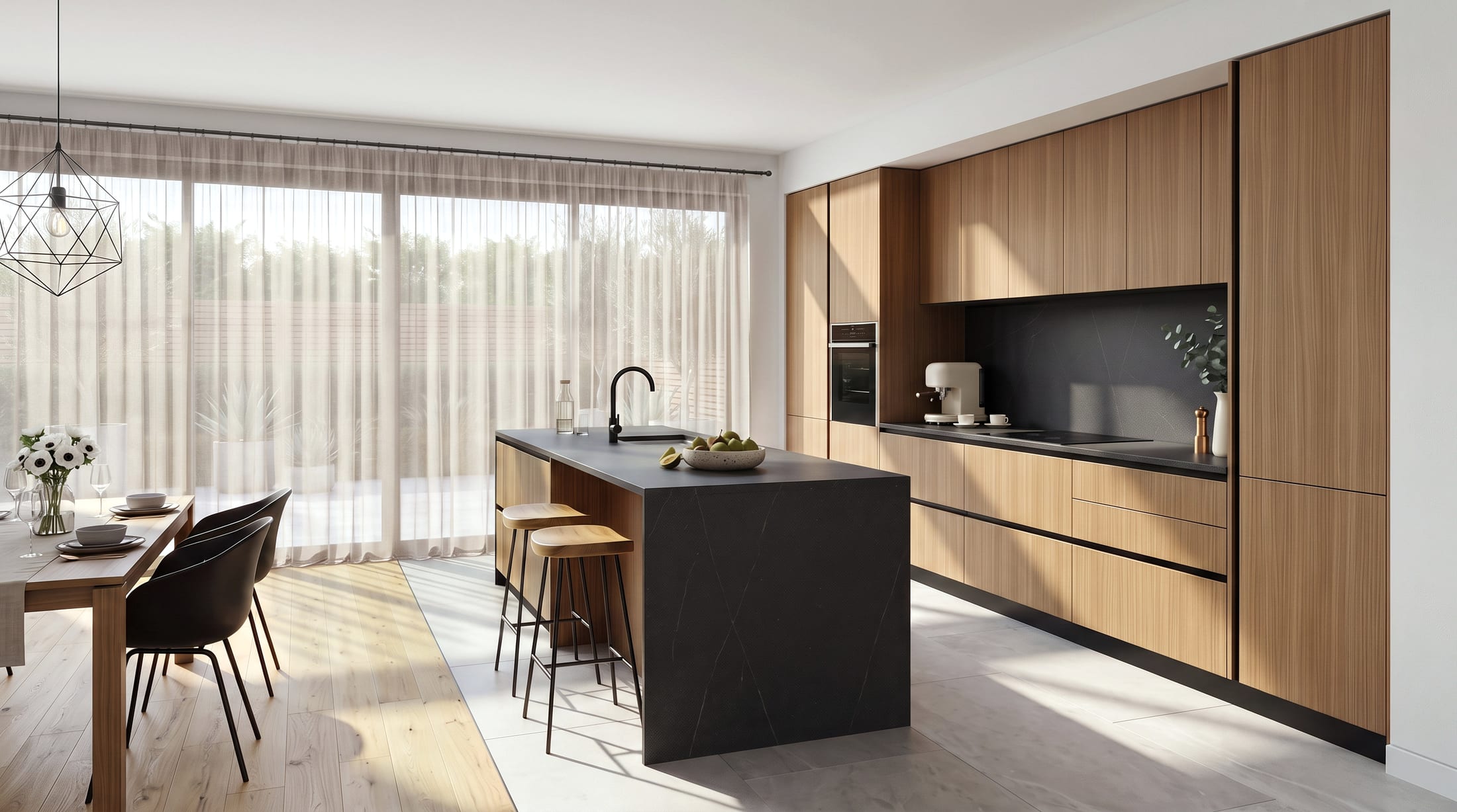 Stria kitchen system by Gacaferi 1957 — pale oak handleless cabinetry and a black island in daylight
